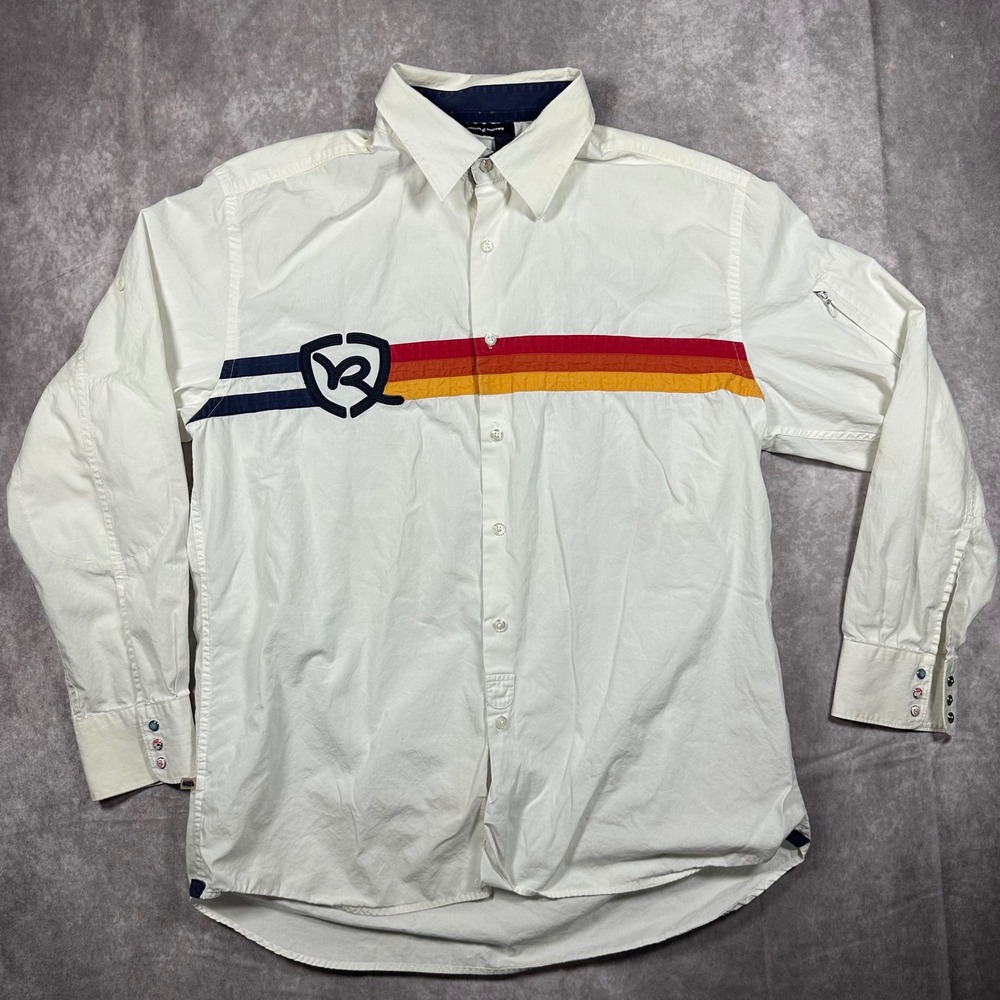 Rocawear Mens XL White Retro Stripe Long Sleeve Button Down Shirt Y2K Streetwear